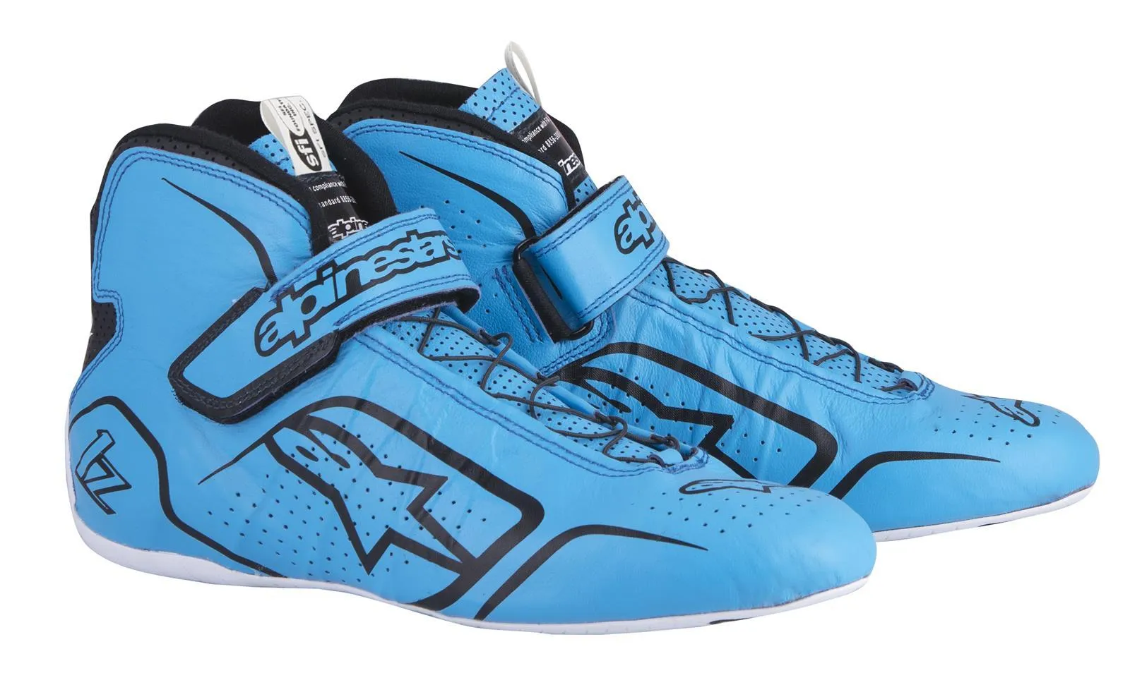 ALPINESTARS TECH 1-Z SHOES CYAN/BLK SZ 8.5 SFI 3.3 LVL 5/FIA KANGAROO LEATHER