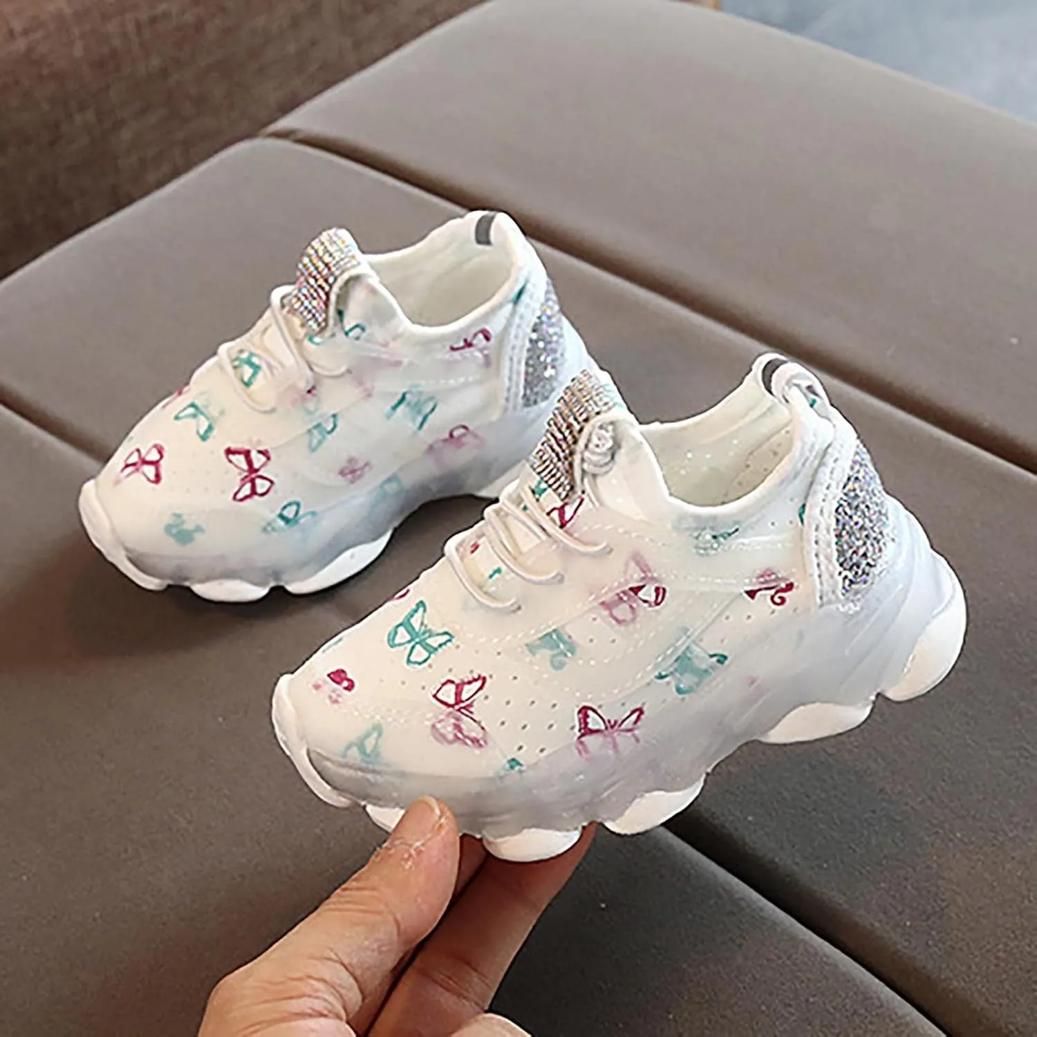 Child Tennis Children's Sneakers Butterfly Print LED Light Shoes Daddy Shoes Lacing Breathable Soft High Tops Casual