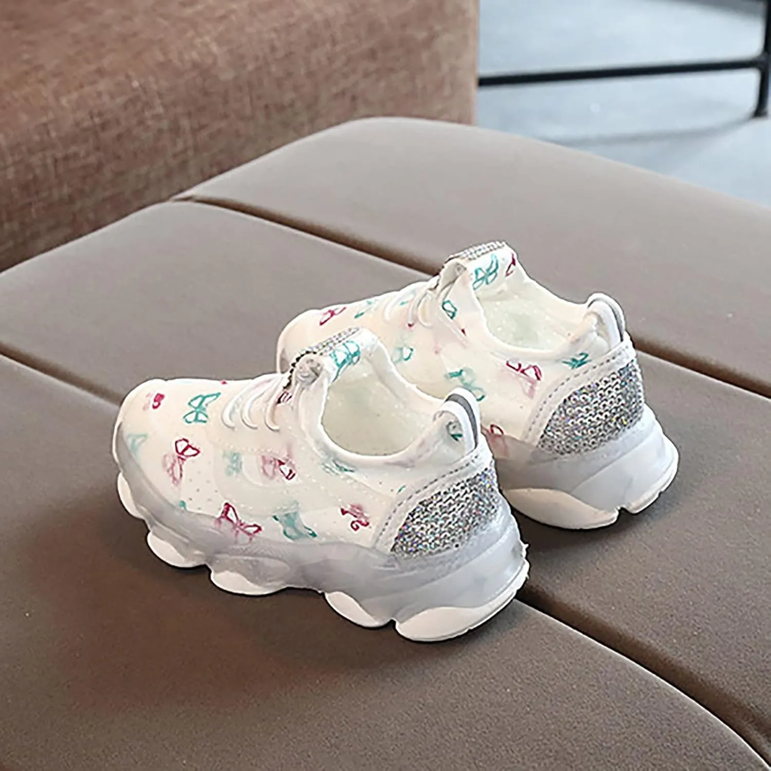 Child Tennis Children's Sneakers Butterfly Print LED Light Shoes Daddy Shoes Lacing Breathable Soft High Tops Casual