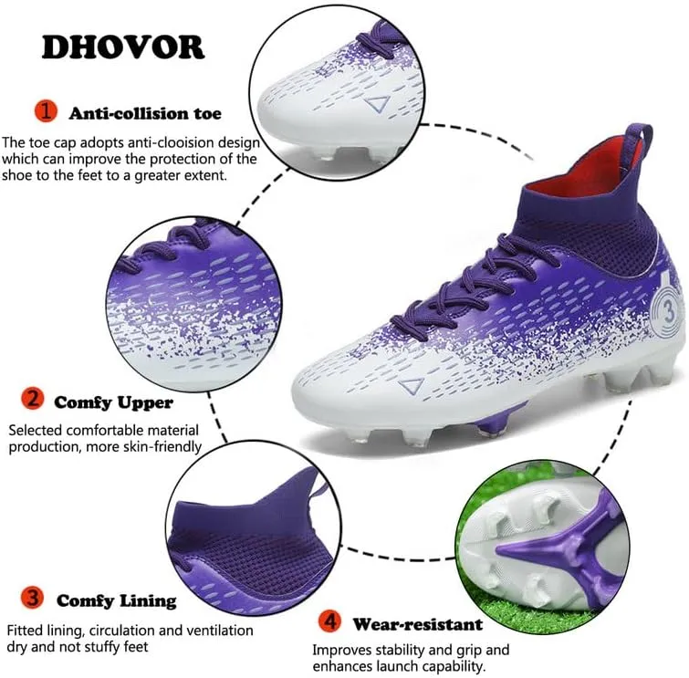 DHOVOR Boys Girls High-Top Soccer Cleats Youth Lightweight Professional Turf Football Cleats Unisex Non-Slip Indoor Soccer Shoes for Kids Outdoor/Indoor/Competition/Unisex