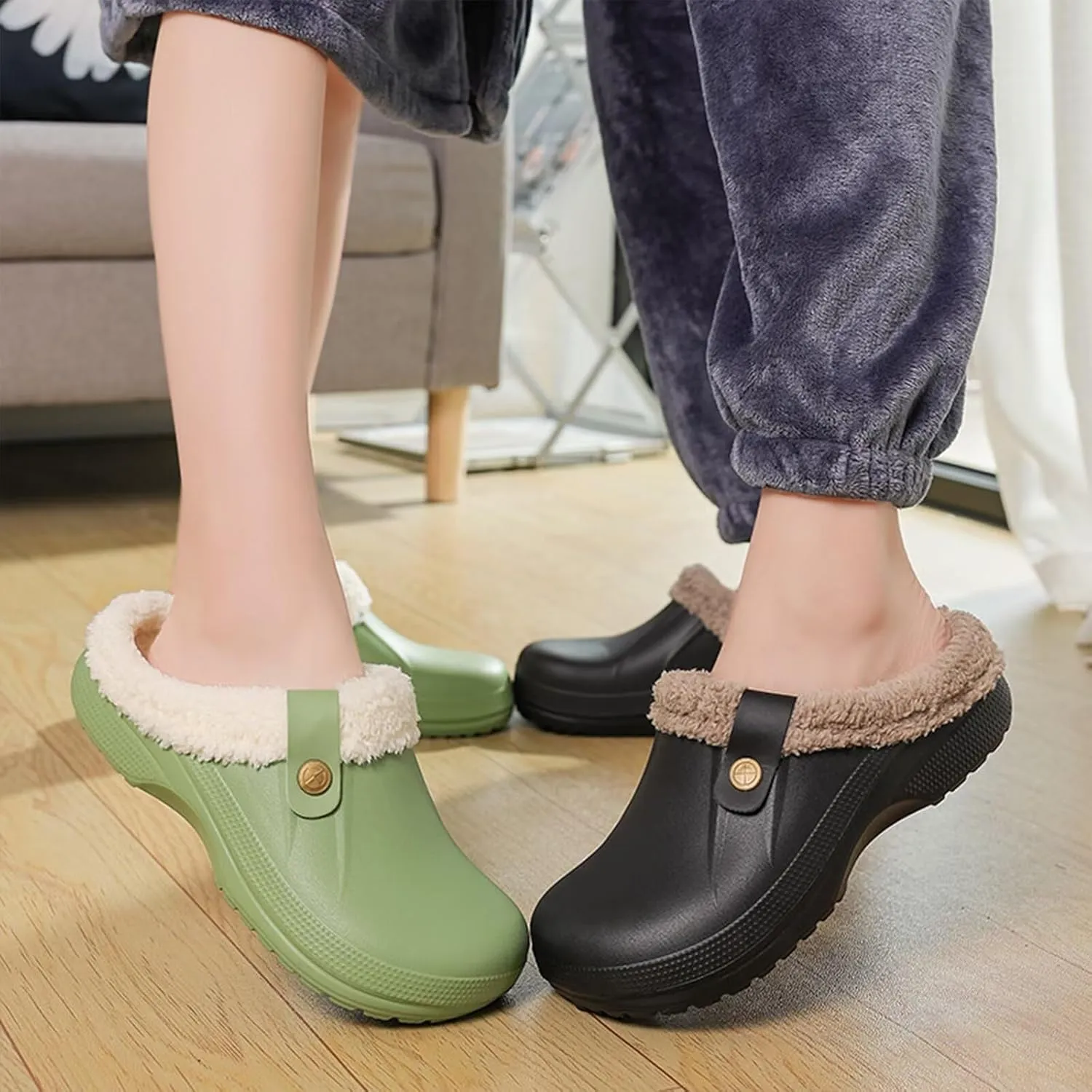 Fur Lined Clogs Waterproof Slippers Fleece Lined Clogs for Women Men Fuzzy Winter Warm Indoor Outdoor Shoes
