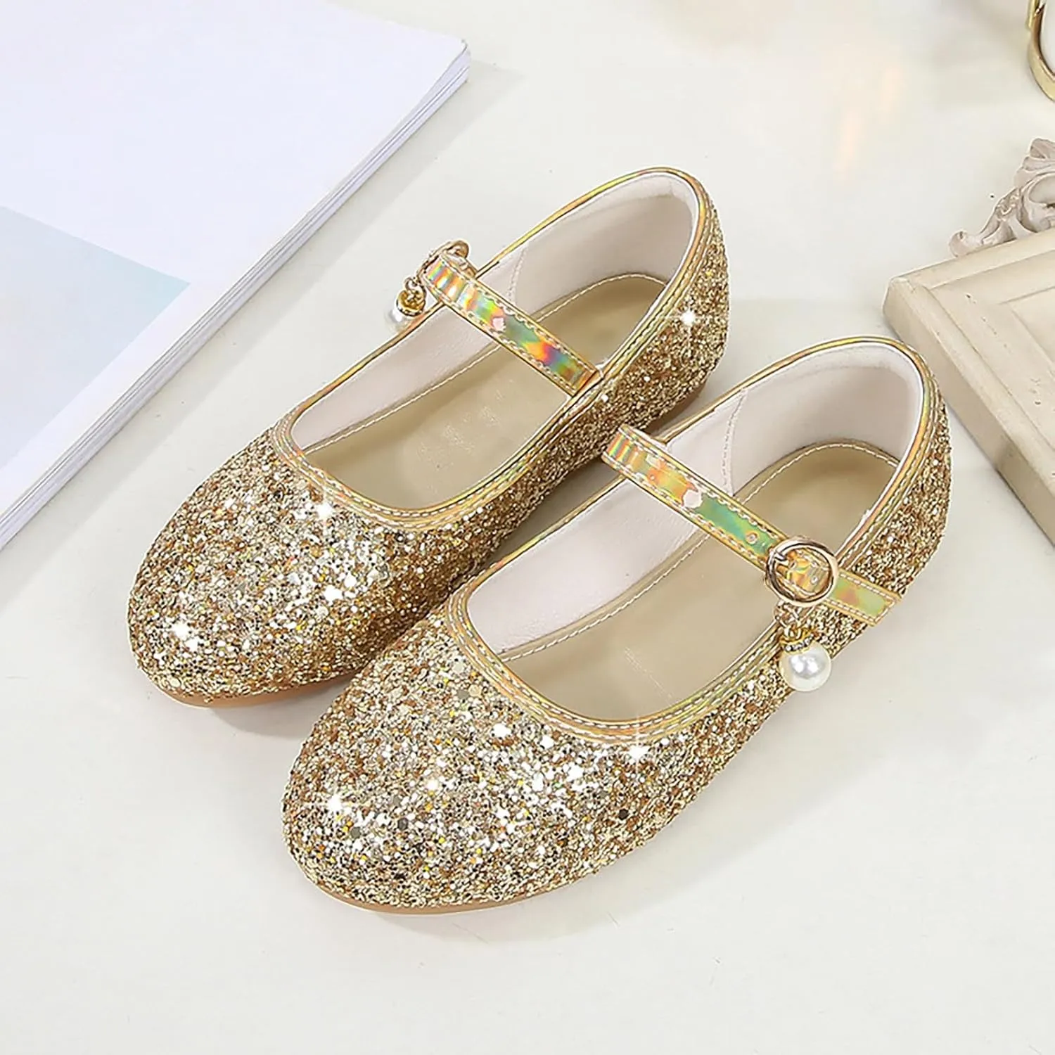 Generic Girls Dress Shoes Baby Cute Floral Sparkling Dance Shoes for Party Toddler High Heel Solid Color Shoes with Buckle