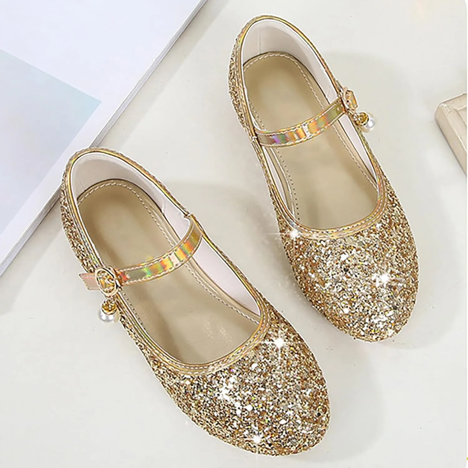Generic Girls Dress Shoes Baby Cute Floral Sparkling Dance Shoes for Party Toddler High Heel Solid Color Shoes with Buckle