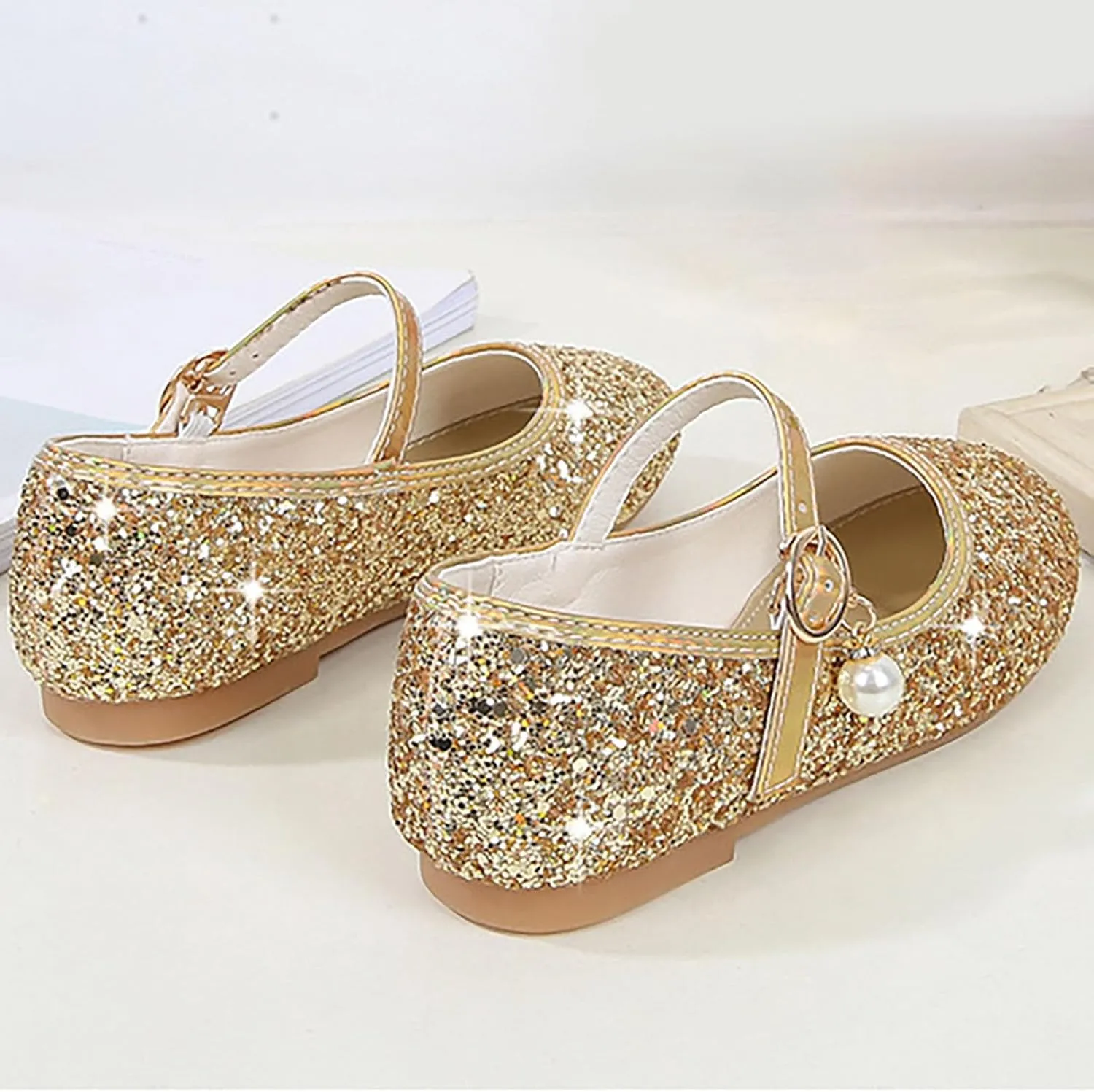 Generic Girls Dress Shoes Baby Cute Floral Sparkling Dance Shoes for Party Toddler High Heel Solid Color Shoes with Buckle