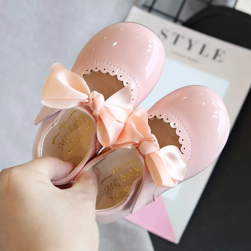 Girls Bow Sneaker Kids Flower Girl Dress Shoes Girl Ballet Flat Prty School Shoes Wedding Leather Soft Sole Non Slip