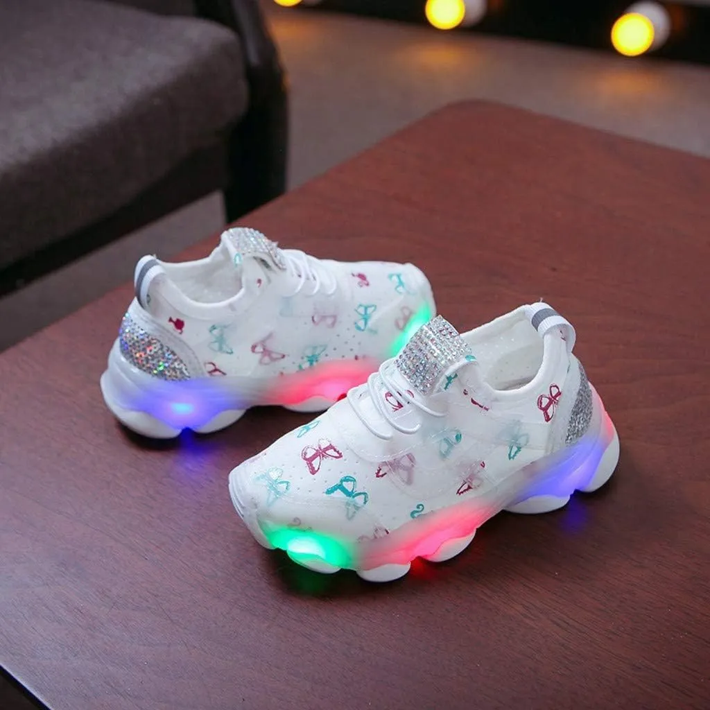 Girls Trainers, Children Kid Baby Girls Butterfly Crystal Led Luminous Sport Run Sneakers Shoes