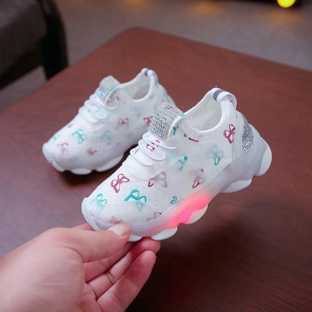 Girls Trainers, Children Kid Baby Girls Butterfly Crystal Led Luminous Sport Run Sneakers Shoes