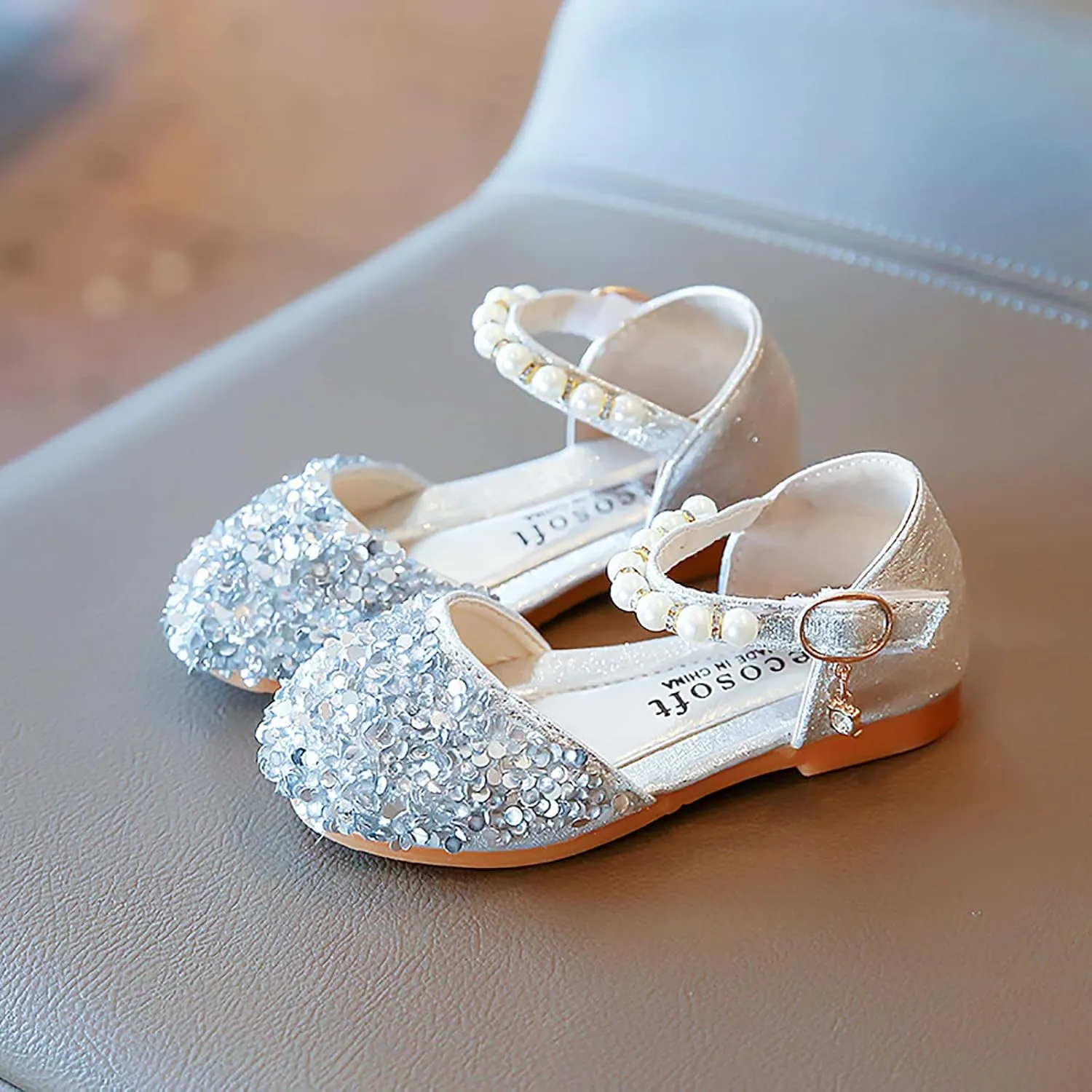 Gray Shoes for Boys Bowknot Kids Shoes Single Baby Girls Bling Princess Sandals Crystal Pearl Creative Shoe
