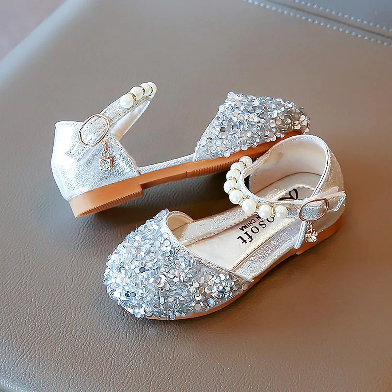 Gray Shoes for Boys Bowknot Kids Shoes Single Baby Girls Bling Princess Sandals Crystal Pearl Creative Shoe