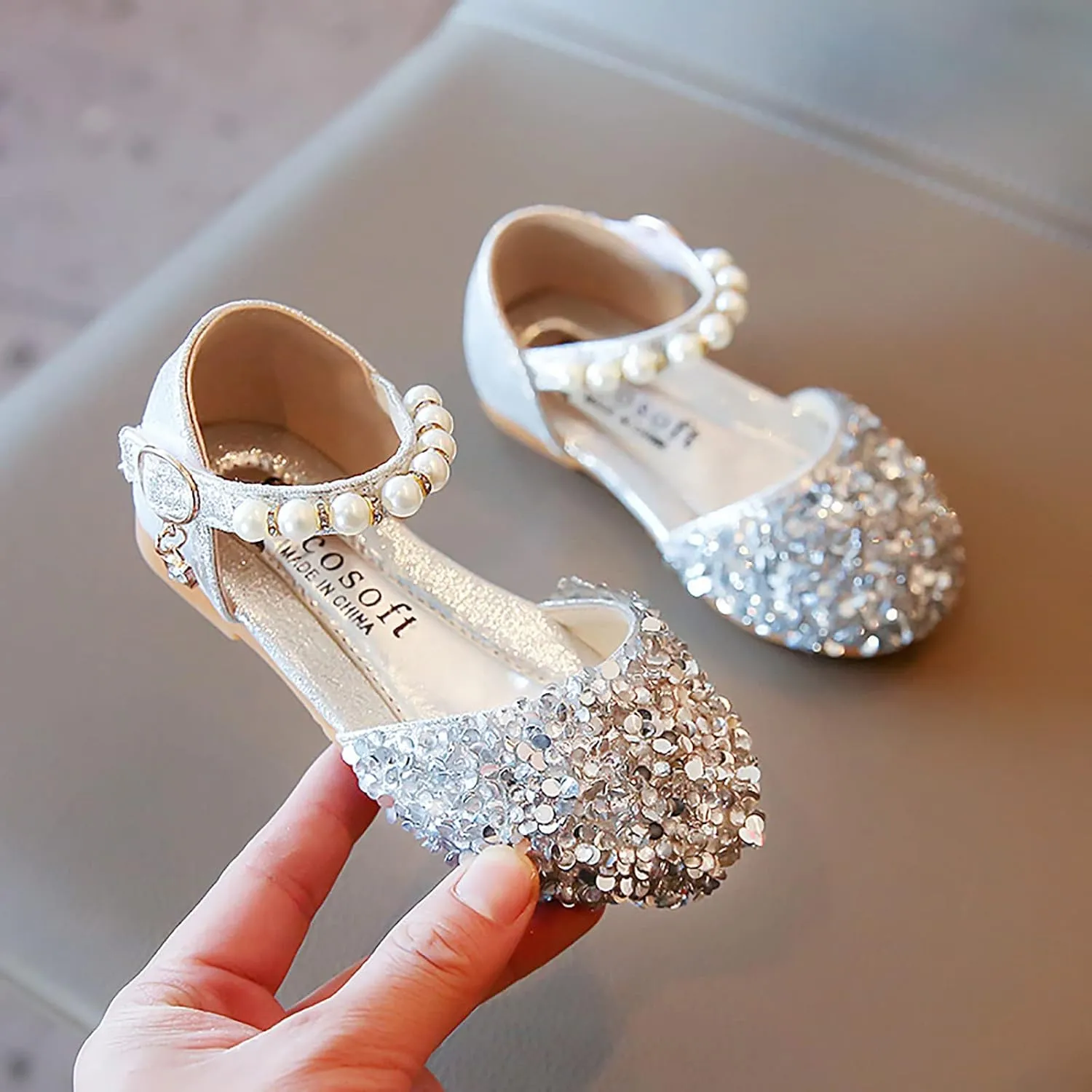 Gray Shoes for Boys Bowknot Kids Shoes Single Baby Girls Bling Princess Sandals Crystal Pearl Creative Shoe
