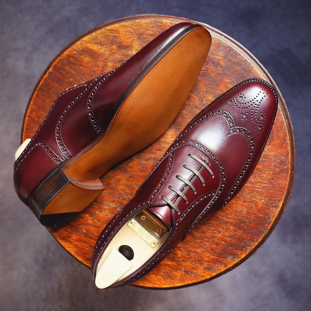 Height Increasing Burgundy Brown Leather Boudry Brogue Wingtip Oxfords - Formal Shoes