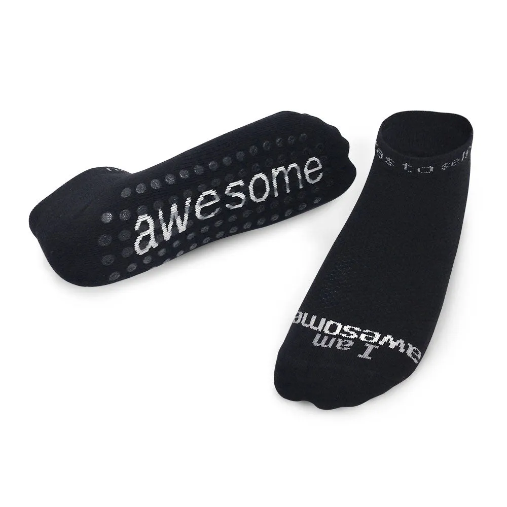 I am awesome® black low-cut socks with clear grips