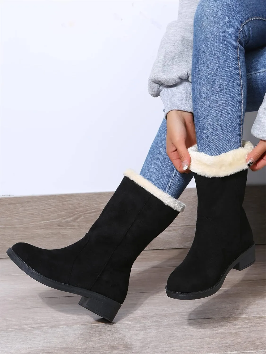 Ladmiple Snow Boots For Women Tall Mid Calf Winter Shoes with Fur Lined Warm Slip On Comfortable Anti Slip Outdoor Shoes