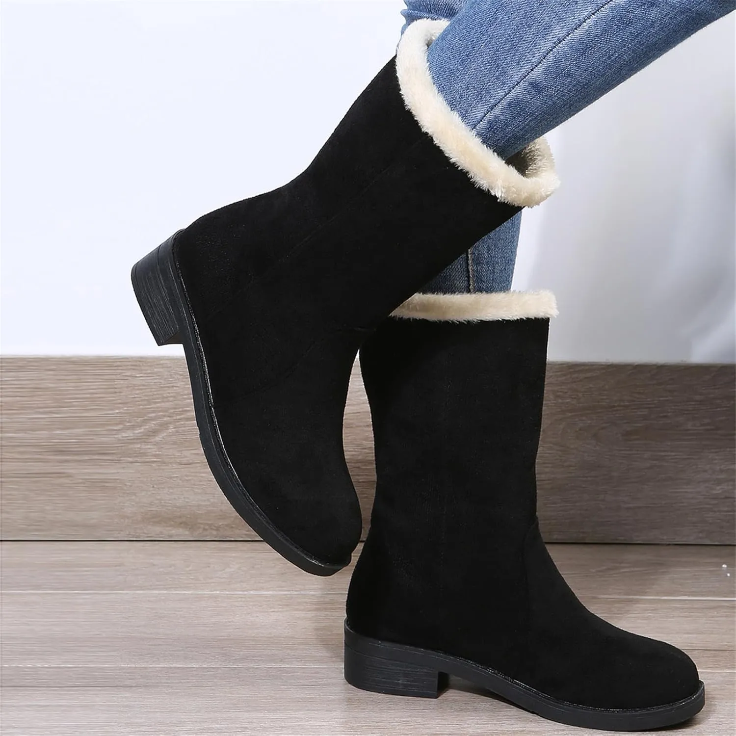 Ladmiple Snow Boots For Women Tall Mid Calf Winter Shoes with Fur Lined Warm Slip On Comfortable Anti Slip Outdoor Shoes