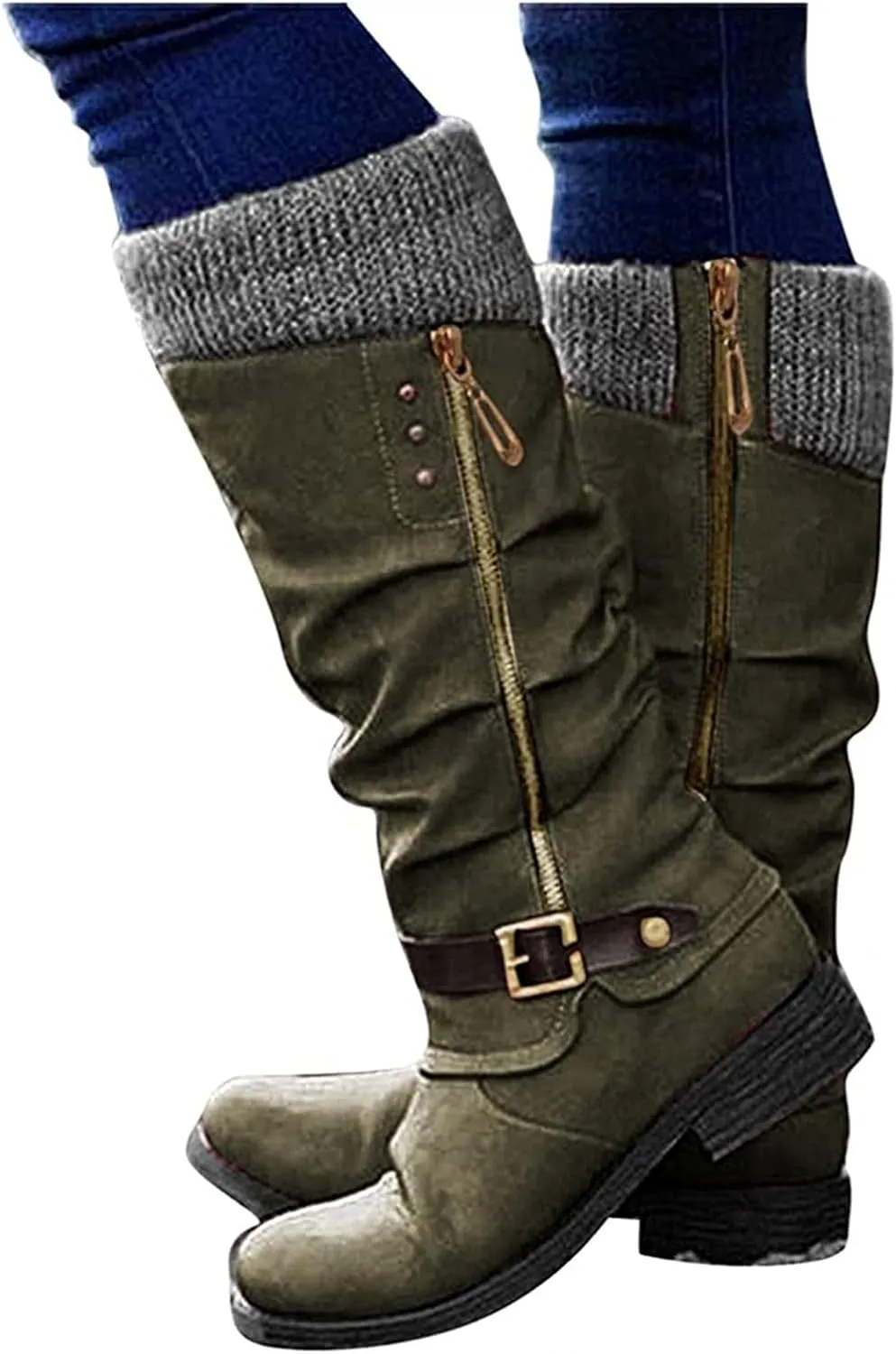 Lausiuoe Boots For Women Low Heel Mid Calf Platform Chunky Round-Toe Side Zip Wide Calf Western Winter Non Slip Outdoor Shoes