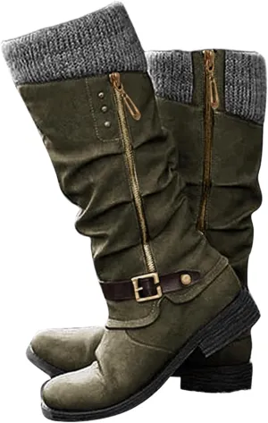 Lausiuoe Boots For Women Low Heel Mid Calf Platform Chunky Round-Toe Side Zip Wide Calf Western Winter Non Slip Outdoor Shoes