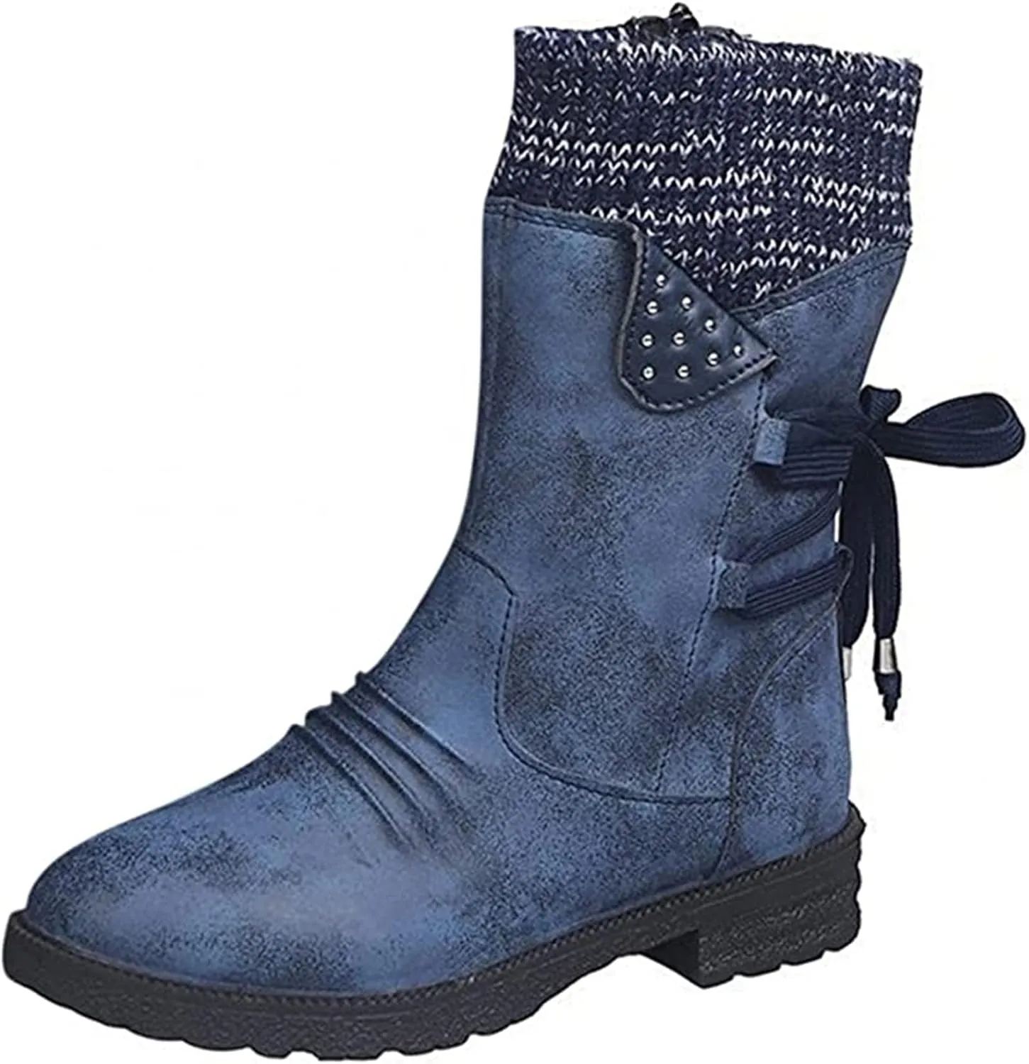 Lausiuoe Boots For Women Low Heel Mid Calf Pull On Winter Boots Side Zip Slouchy Western Cowboy Booties Non Slip Outdoor Shoes