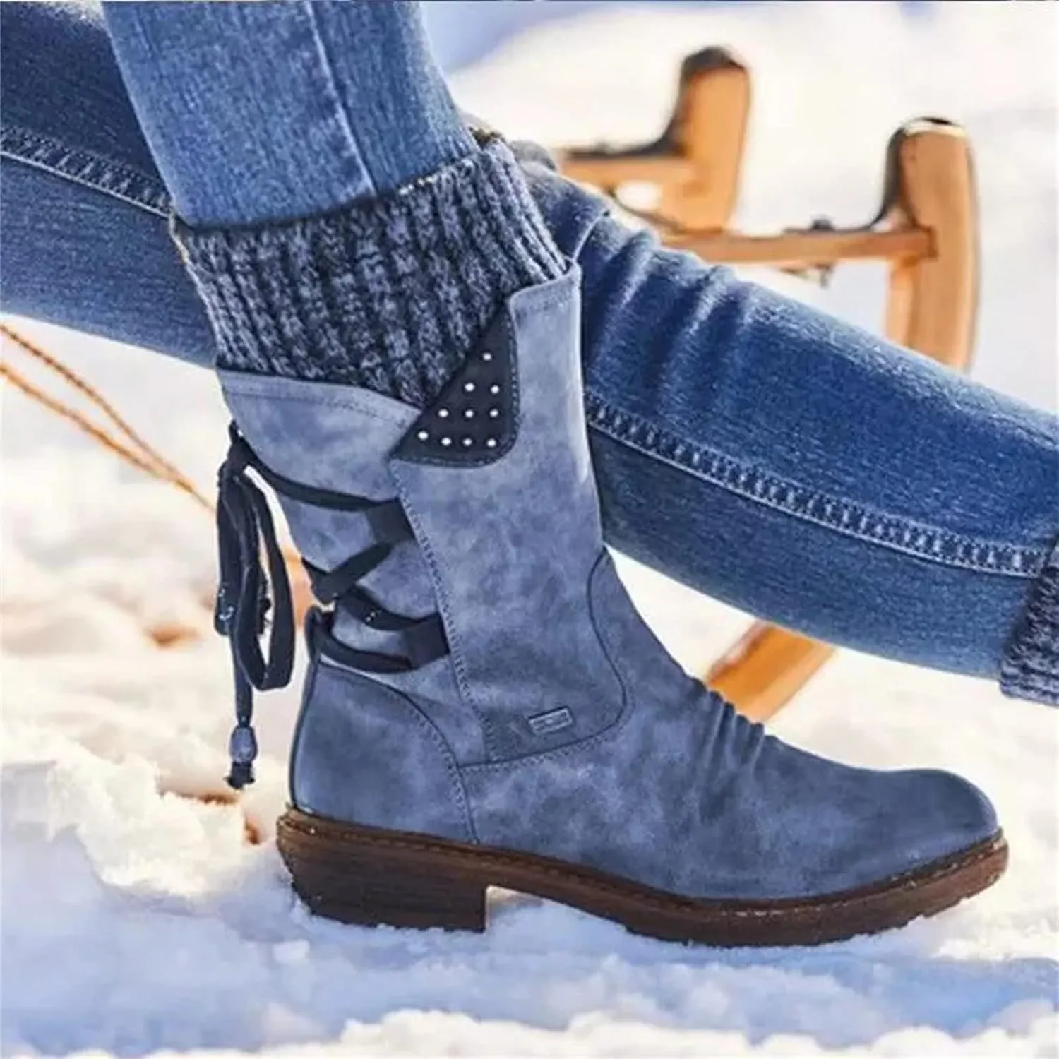 Lausiuoe Boots For Women Low Heel Mid Calf Pull On Winter Boots Side Zip Slouchy Western Cowboy Booties Non Slip Outdoor Shoes