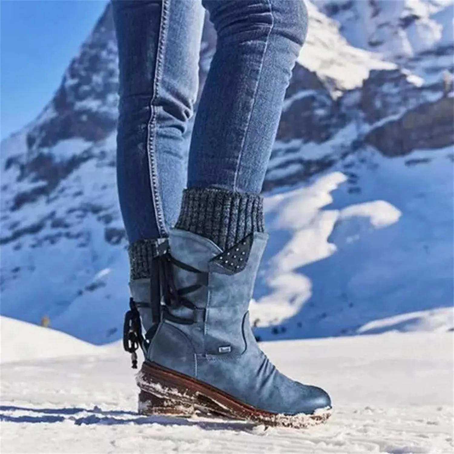 Lausiuoe Boots For Women Low Heel Mid Calf Pull On Winter Boots Side Zip Slouchy Western Cowboy Booties Non Slip Outdoor Shoes