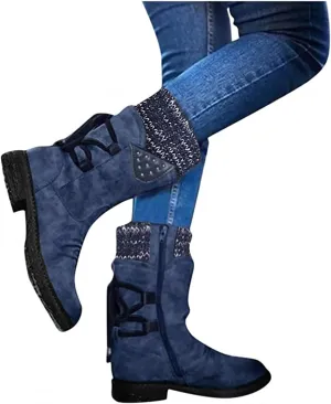 Lausiuoe Boots For Women Low Heel Mid Calf Pull On Winter Boots Side Zip Slouchy Western Cowboy Booties Non Slip Outdoor Shoes