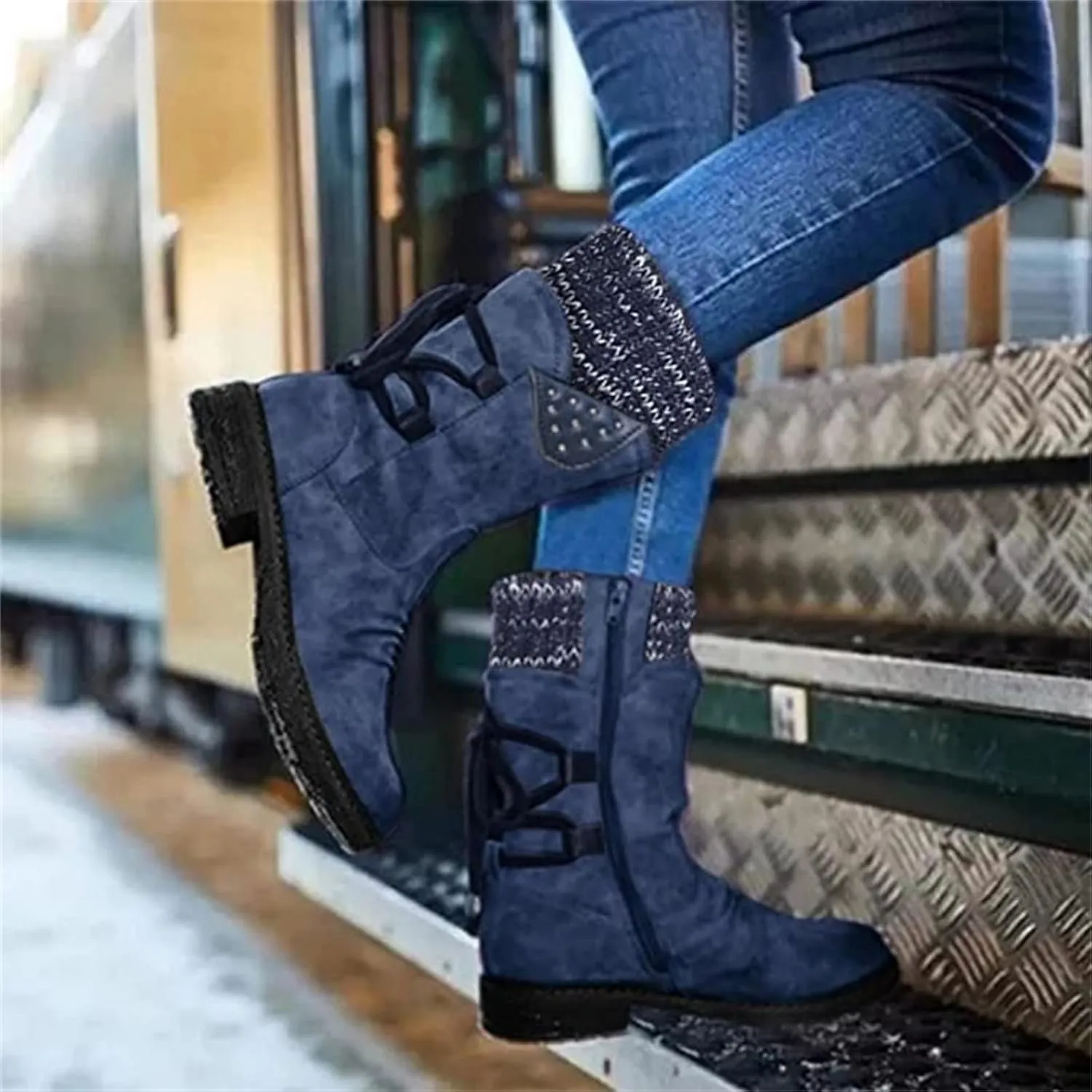 Lausiuoe Boots For Women Low Heel Mid Calf Pull On Winter Boots Side Zip Slouchy Western Cowboy Booties Non Slip Outdoor Shoes