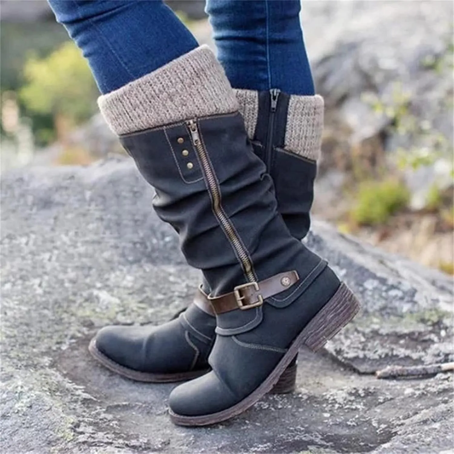 Lausiuoe Boots For Women Low Heel Mid Calf Winter Boots Side Zip Western Platform Hiking Booties Warm Non Slip Outdoor Shoes