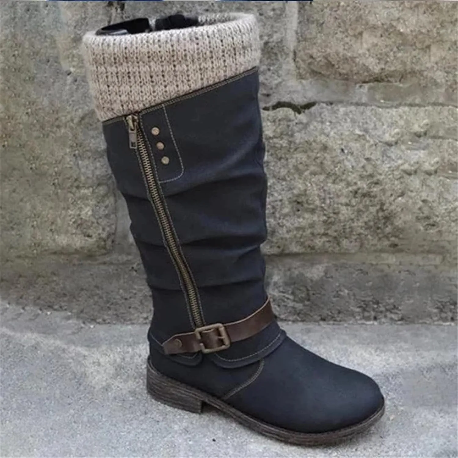 Lausiuoe Boots For Women Low Heel Mid Calf Winter Boots Side Zip Western Platform Hiking Booties Warm Non Slip Outdoor Shoes