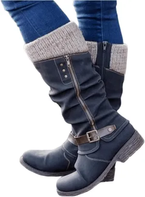 Lausiuoe Boots For Women Low Heel Mid Calf Winter Boots Side Zip Western Platform Hiking Booties Warm Non Slip Outdoor Shoes