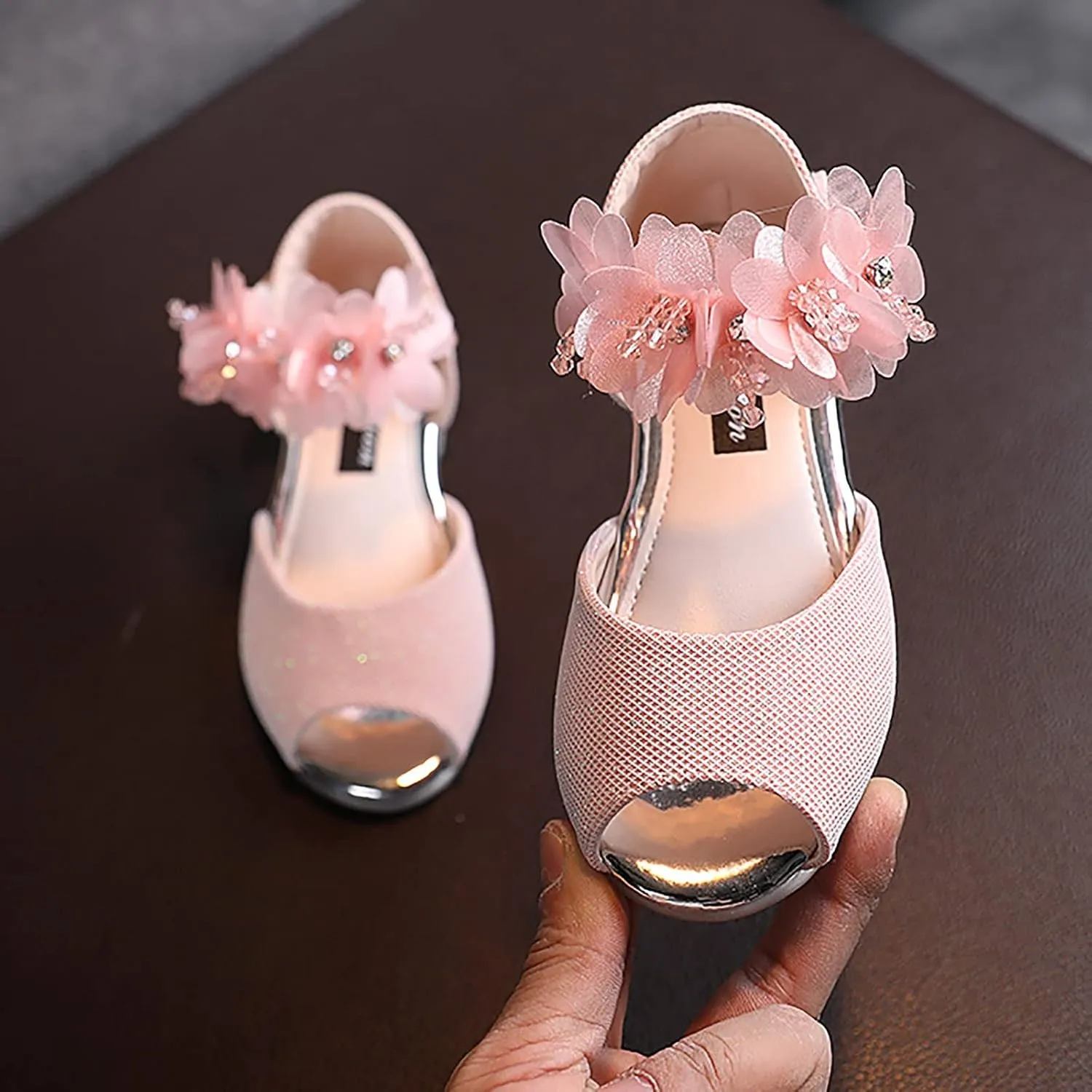 Little Girl Sock Slippers Girls Rhinestone Flower Shoes Low Heel Flower Wedding Party Dress Pump Rubber Kids