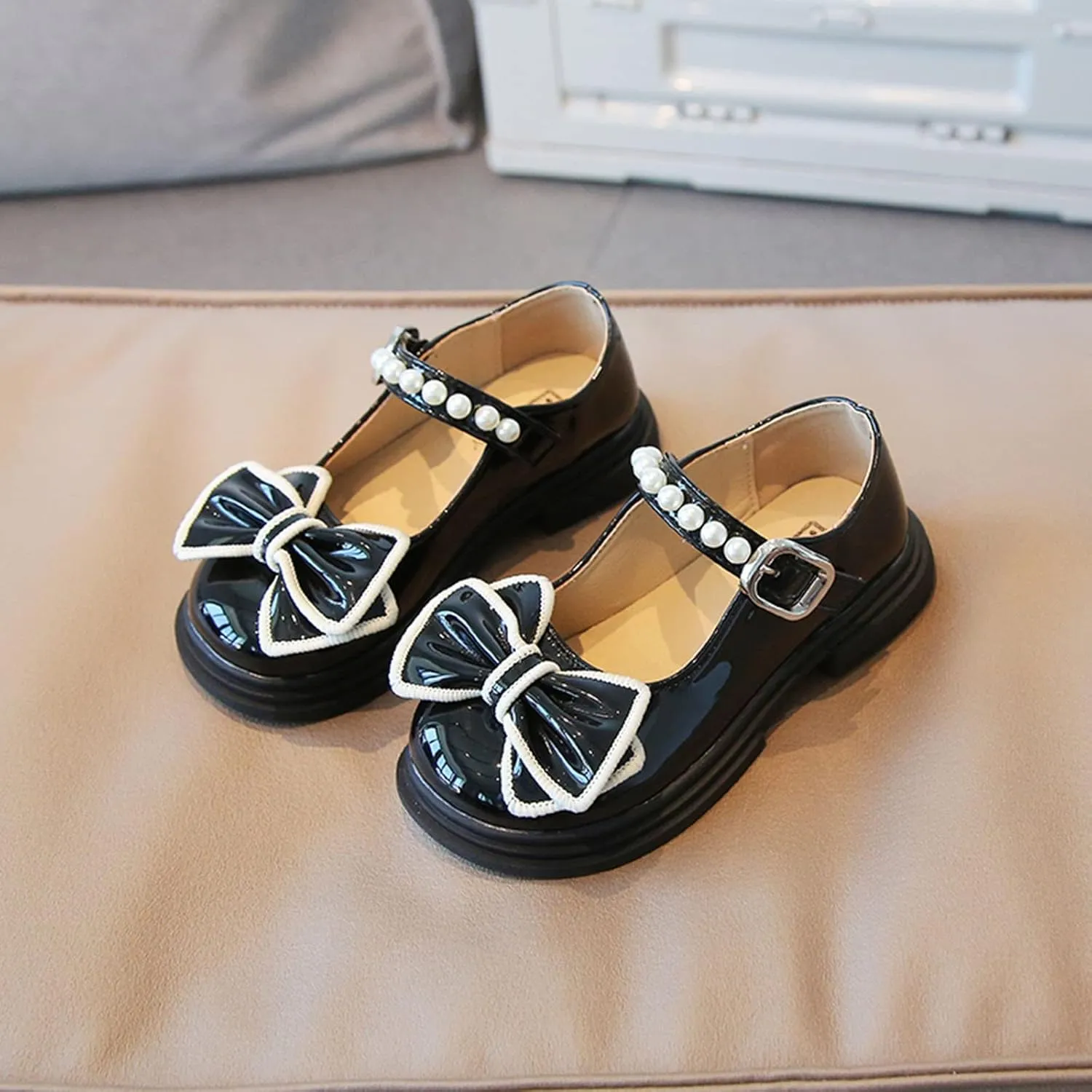Little Girls Boots Size 3 Fashion Autumn Girls Casual Shoes Thick Sole Round Toe Bow Pearl Girls Boots 11