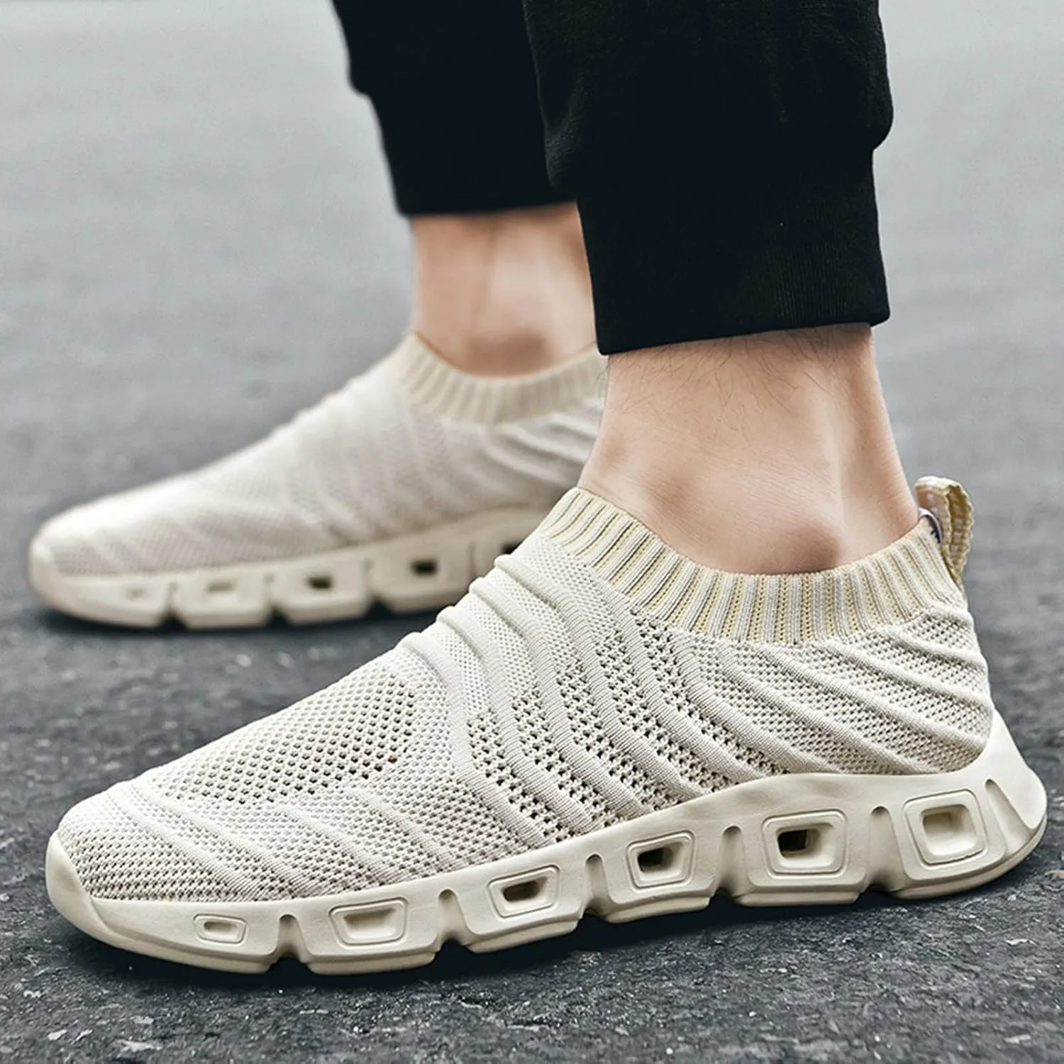 Men's Lace Up Memory Foam Sneakers Breathable Elastic Fly Woven Mesh Sneaker Lightweight Diabetic Shoes for Men