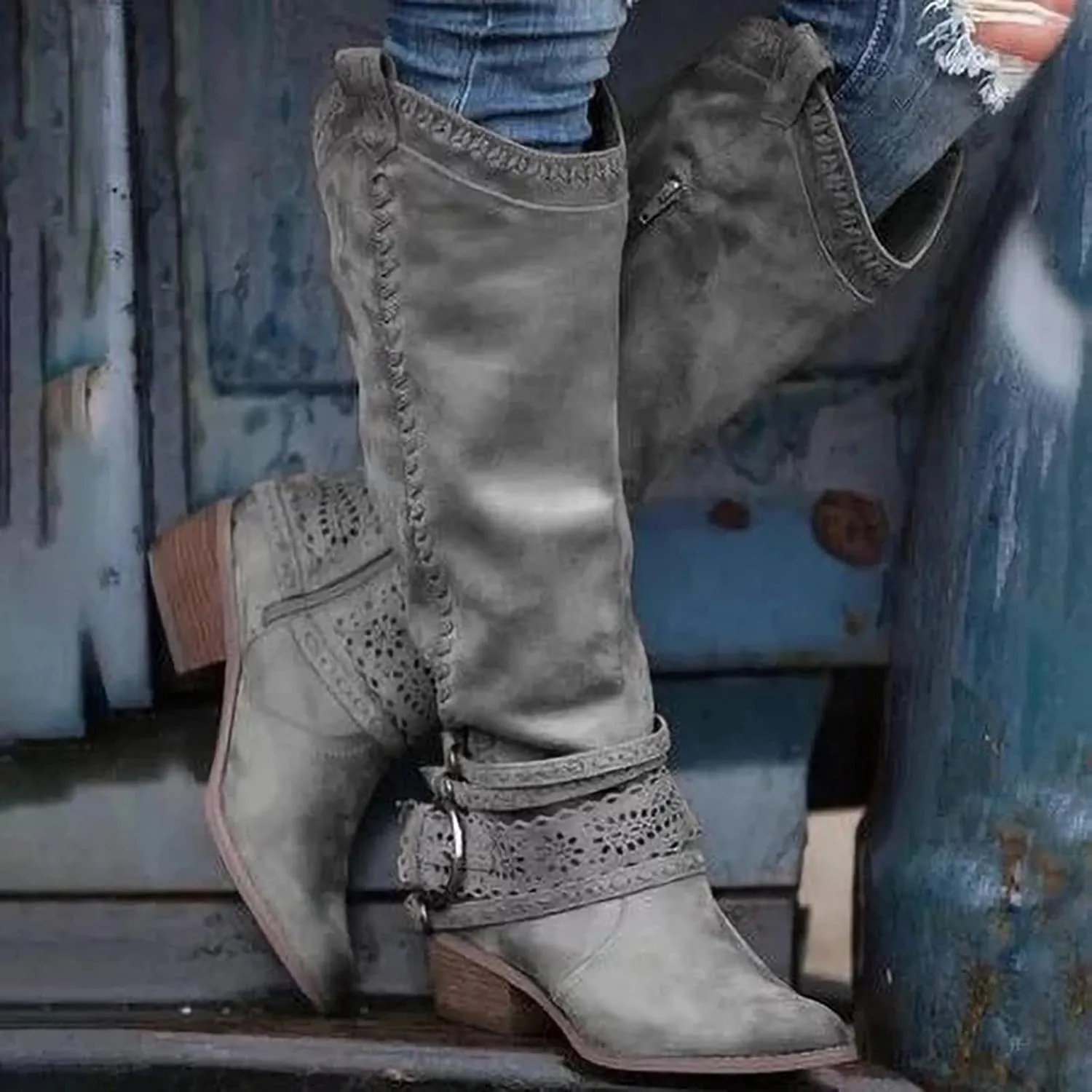 oiangi Women Chunky Cowboy Riding Boots Solid Casual Strap Buckle Warm Thick Heel Mid Calf Boots Winter Comfortable Ladies Outdoor Square Heel Shoes