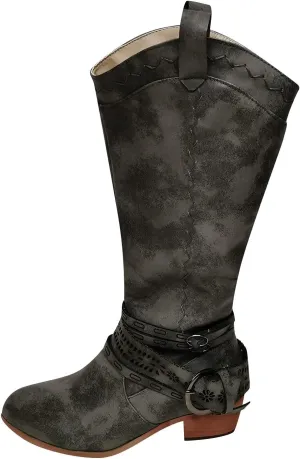 oiangi Women Chunky Cowboy Riding Boots Solid Casual Strap Buckle Warm Thick Heel Mid Calf Boots Winter Comfortable Ladies Outdoor Square Heel Shoes