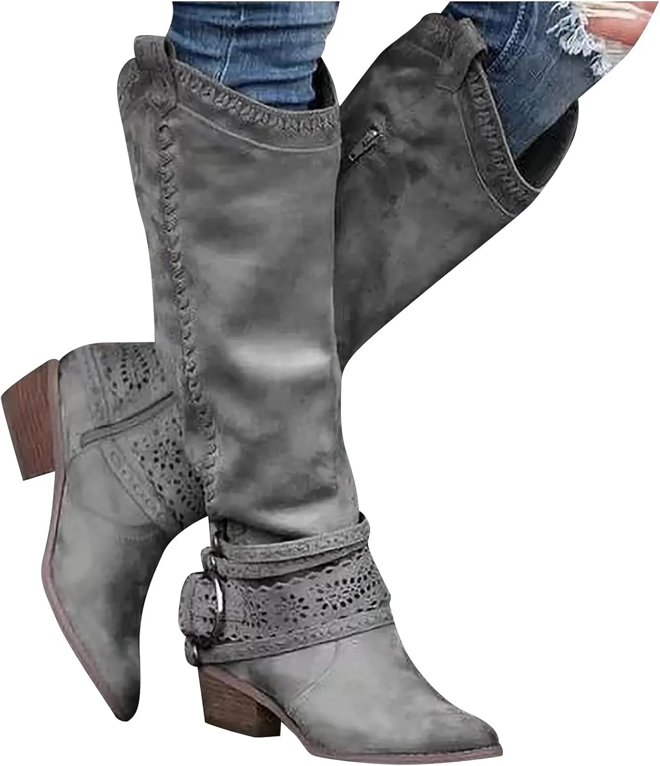 oiangi Women Chunky Cowboy Riding Boots Solid Casual Strap Buckle Warm Thick Heel Mid Calf Boots Winter Comfortable Ladies Outdoor Square Heel Shoes