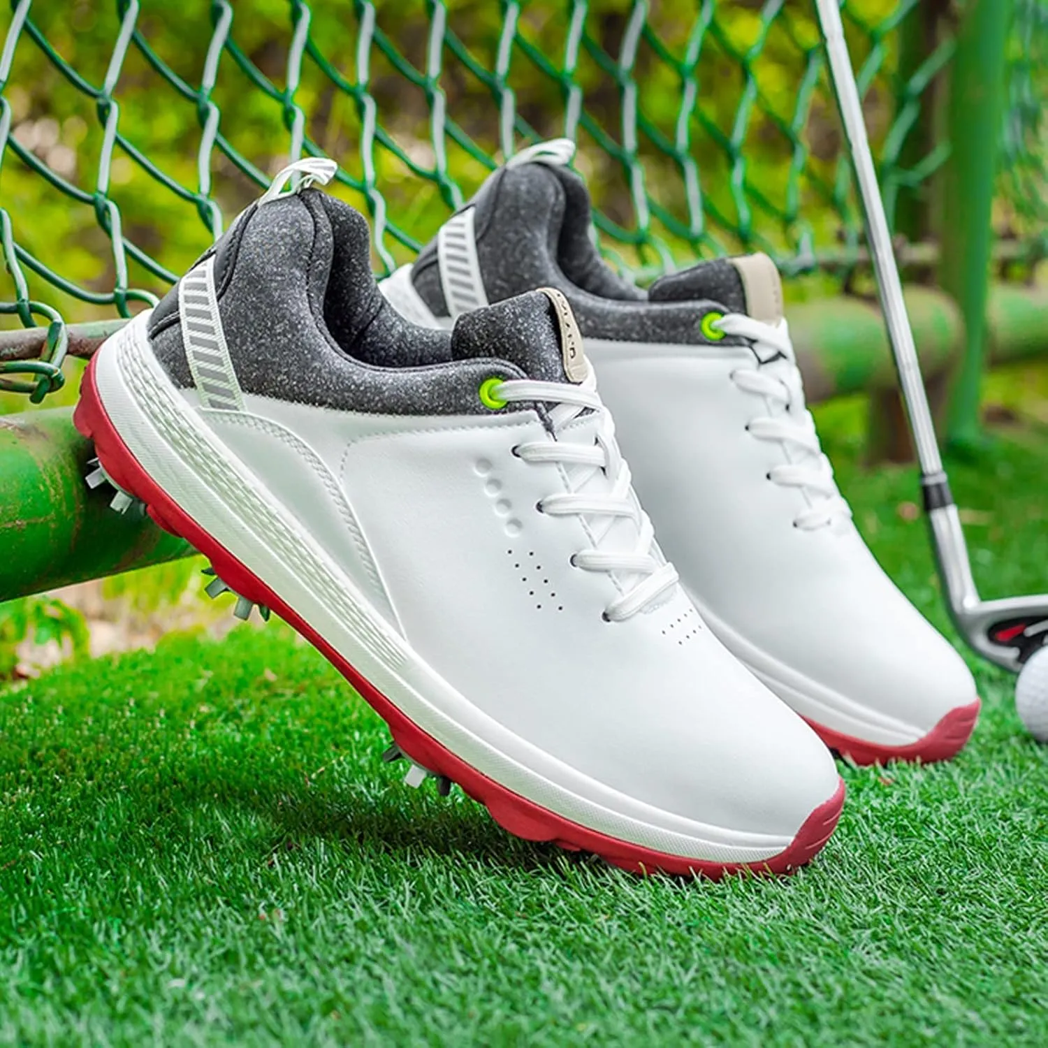 ONAIC Mens Golf Shoes Breathable Spiked Golf Sneakers Outdoor Leather Anti Slip Waterproof Golf Trainers Big Size