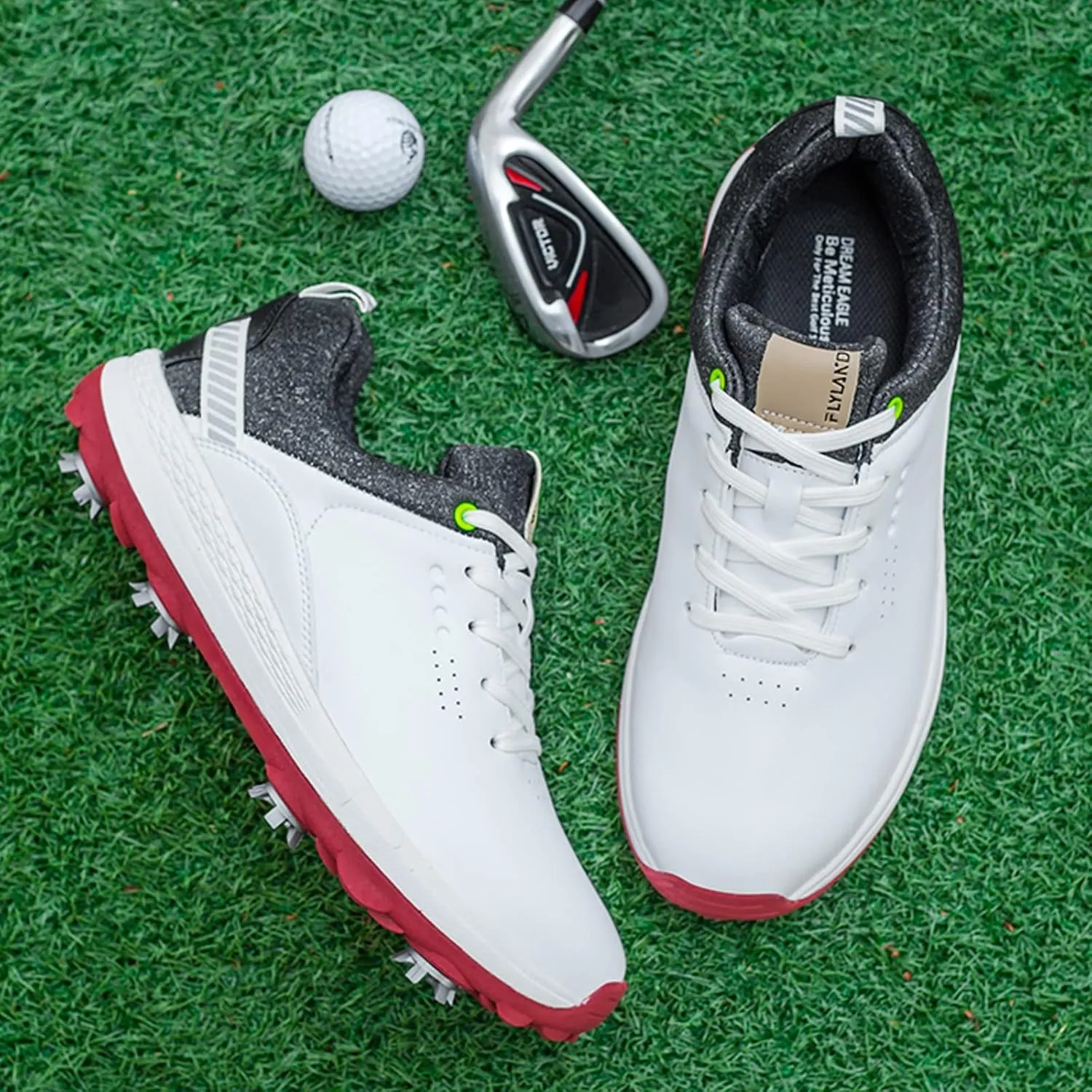 ONAIC Mens Golf Shoes Breathable Spiked Golf Sneakers Outdoor Leather Anti Slip Waterproof Golf Trainers Big Size