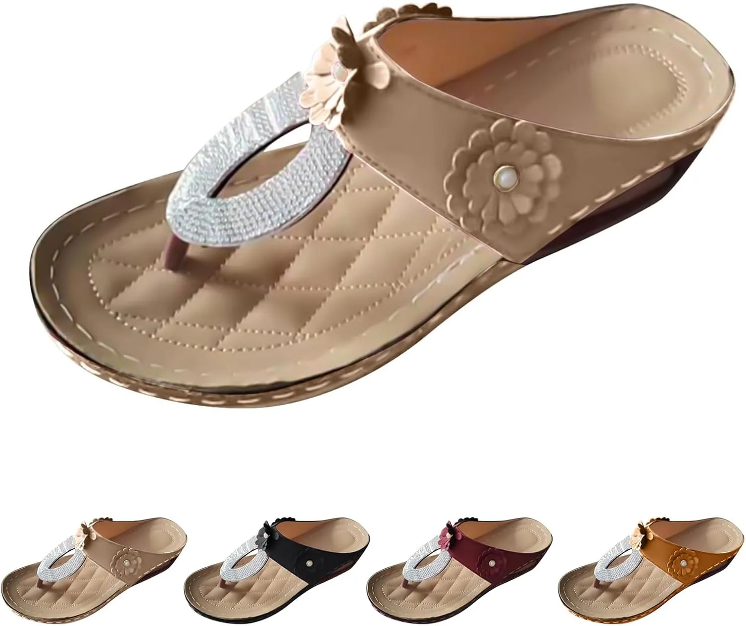 Orthopedic Sandals for Women Chic Flower Flip Flops Summer Dressy Casual Sandal Thong T-Strap Sandals Comfortable Walking Wedges Shoes with Arch Support