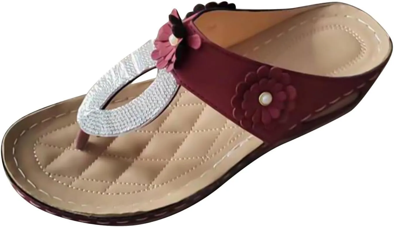 Orthopedic Sandals for Women Chic Flower Flip Flops Summer Dressy Casual Sandal Thong T-Strap Sandals Comfortable Walking Wedges Shoes with Arch Support