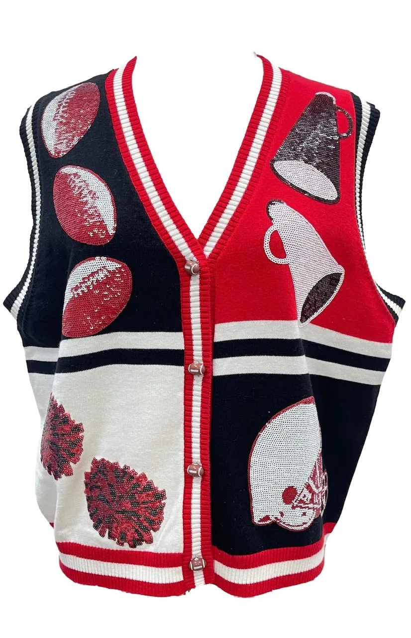 Queen of Sparkles Black & Red Colorblock Football Icon Button Up Sweater Vest