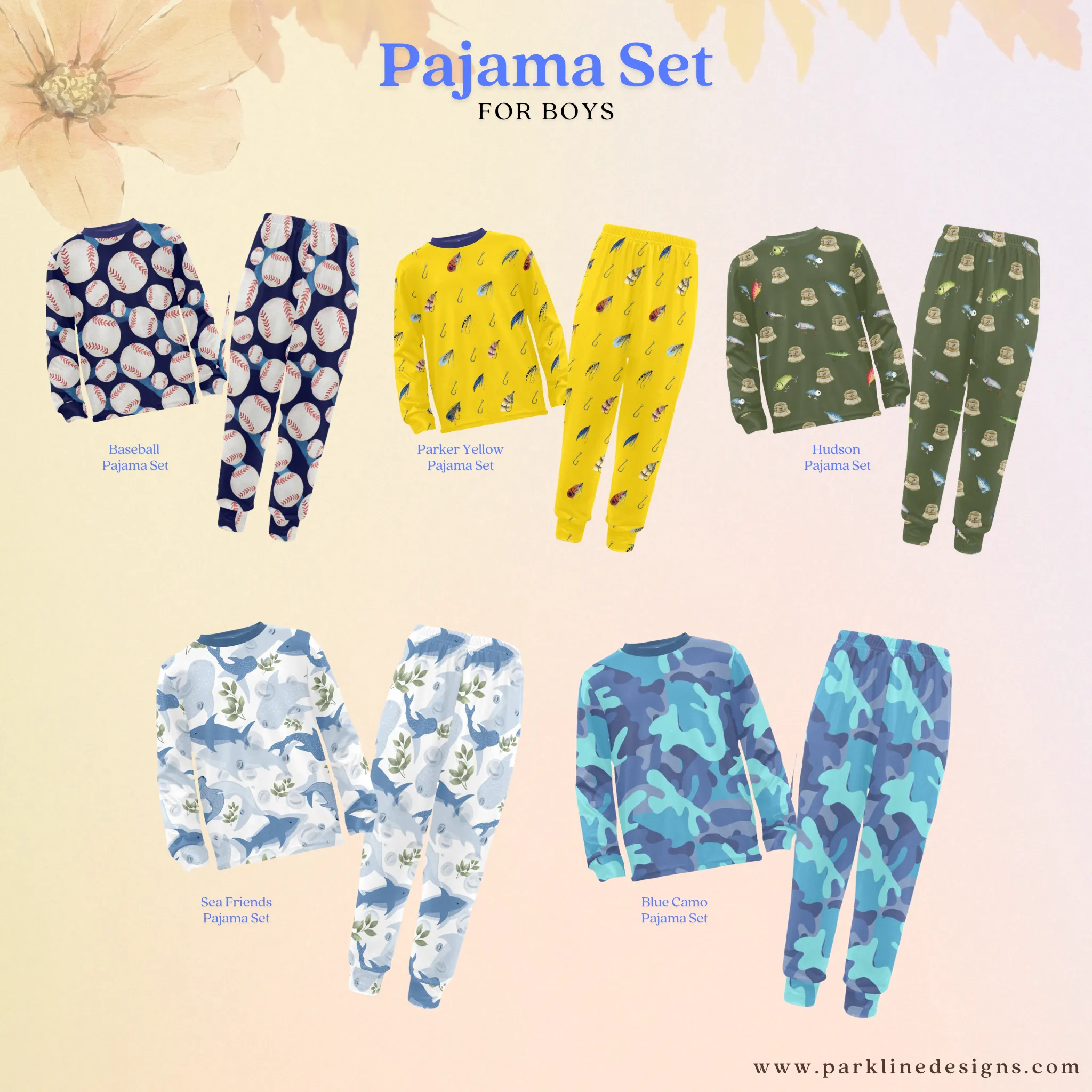Sports Fan Boys' Pajama Set | Crew Neck Long Pajama Set with Sports Ball Pattern | Soft Long Sleeve Sleepwear for Lounging and Relaxing