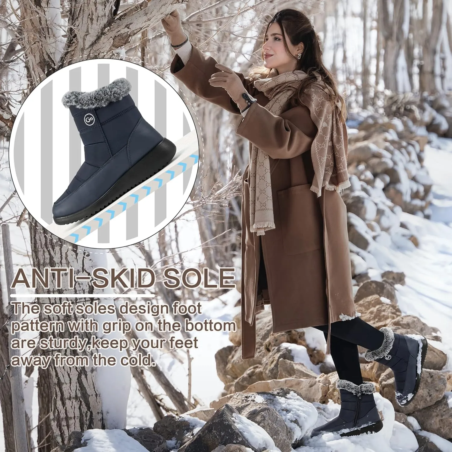 Women Winter Snow Boots Waterproof: Mid Calf Womens Boots with Fur Lined Anti Slip Zipper Booties Comfortale Outdoor Shoes