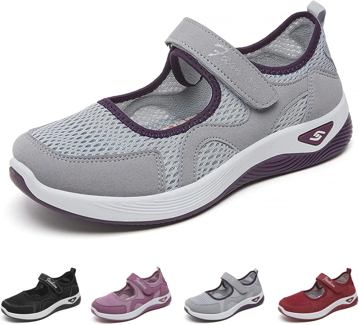 Womens Casual Sneakers Lightweight Flat Mary Jane Shoes Ladies Fashion Adjustable Easy On and Off Strap Working Nurse Shoes Mesh Breathable Walking Sneakers