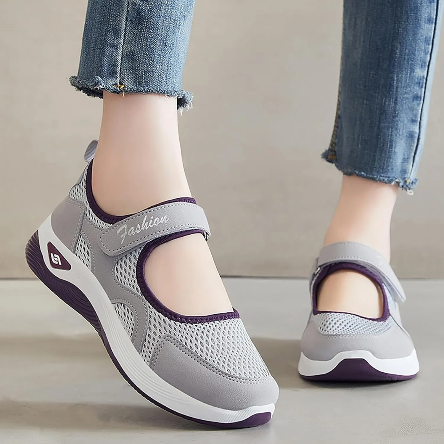 Womens Casual Sneakers Lightweight Flat Mary Jane Shoes Ladies Fashion Adjustable Easy On and Off Strap Working Nurse Shoes Mesh Breathable Walking Sneakers