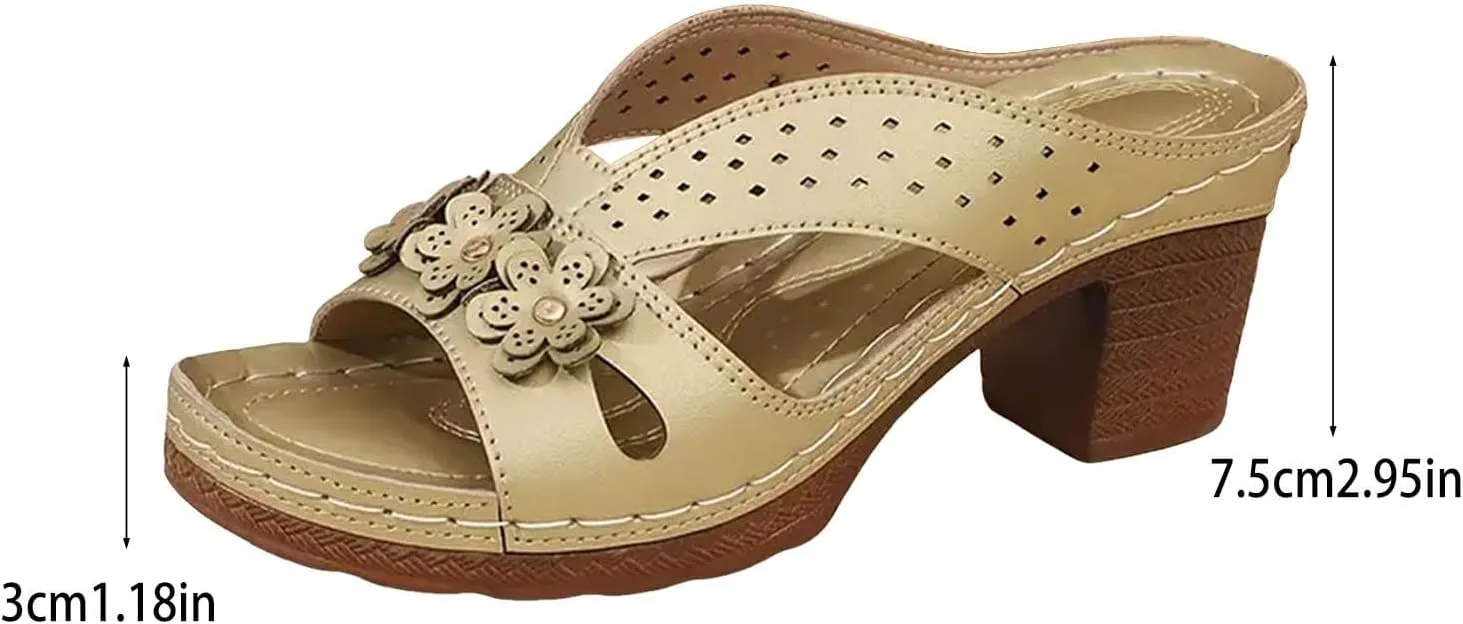 Women's Platform Chunky Heels Sandals Lightweight Hollow Out Sandal Casual Summer Mules Slip-on Shoes Wedding Party Shoes Summer Comfortable Slides Wedge Flower Slippers