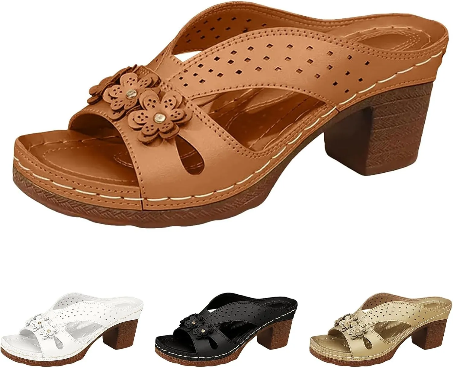 Women's Platform Chunky Heels Sandals Lightweight Hollow Out Sandal Casual Summer Mules Slip-on Shoes Wedding Party Shoes Summer Comfortable Slides Wedge Flower Slippers