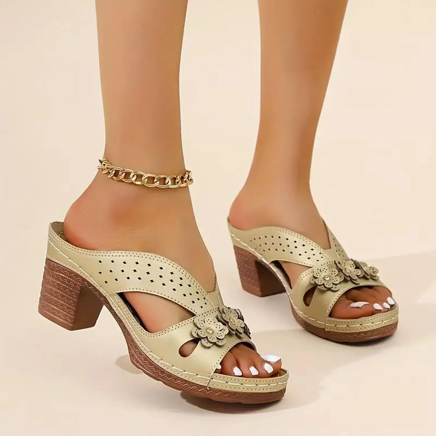 Women's Platform Chunky Heels Sandals Lightweight Hollow Out Sandal Casual Summer Mules Slip-on Shoes Wedding Party Shoes Summer Comfortable Slides Wedge Flower Slippers