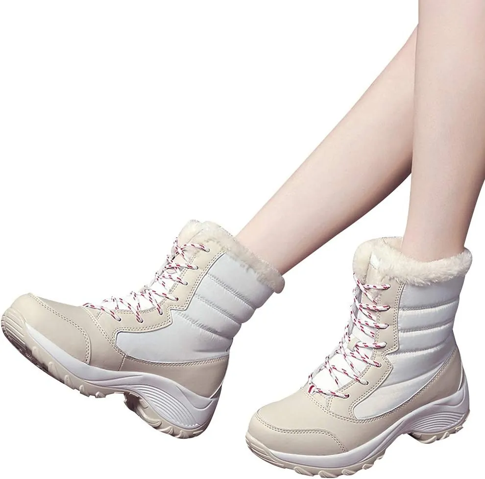 Women's Thermal Mid-Calf Snow Boots Waterproof Platform Lace-Up Winter Outdoor Shoes