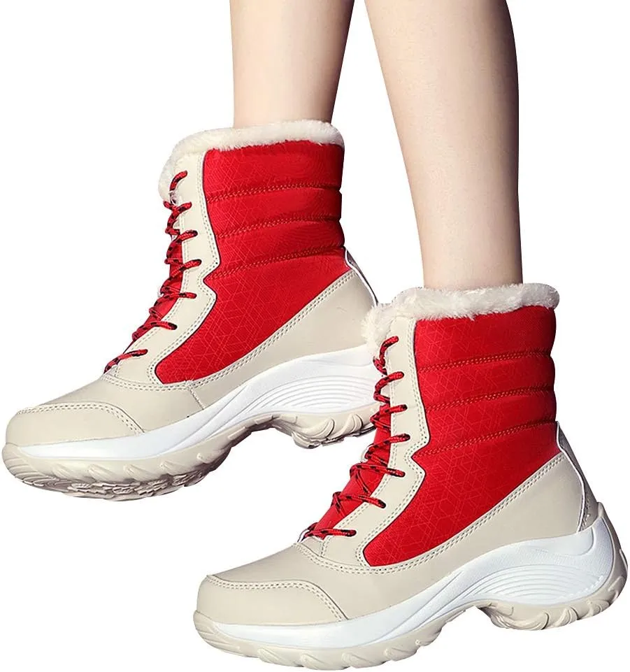 Women's Thermal Mid-Calf Snow Boots Waterproof Platform Lace-Up Winter Outdoor Shoes